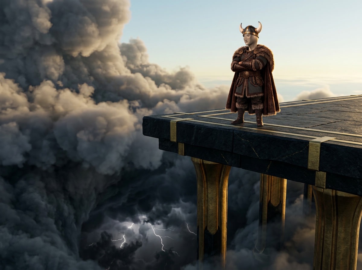 STONKI surveying the storm from the gold-lined platform